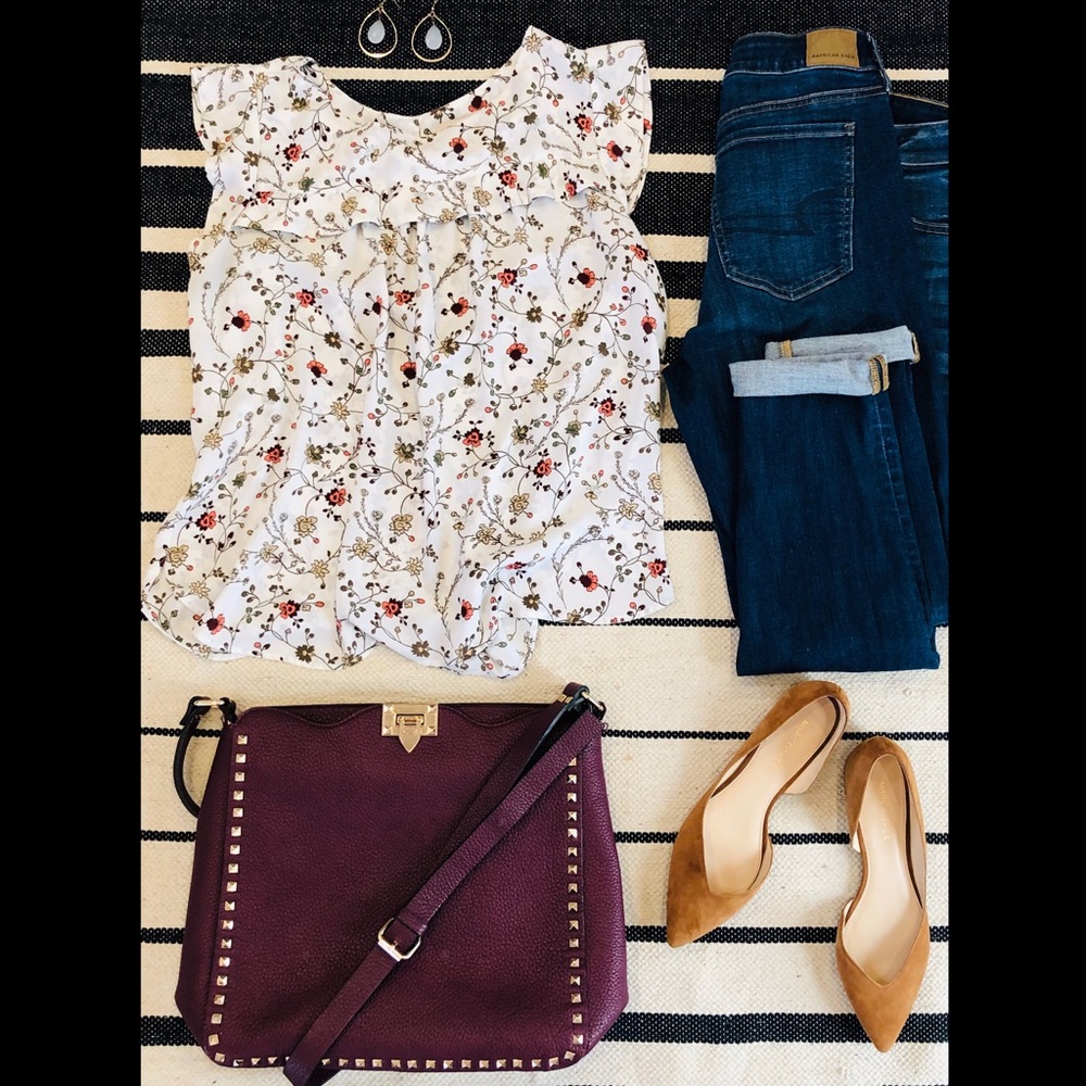 Loft Cap Sleeve Ruffle Print Top